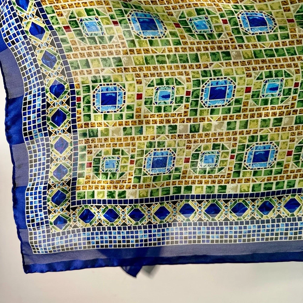 100% Silk Jewel Toned Geometric Patterned Long Rectangular Scarf
